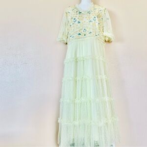 Ivy City Co Pale Yellow & Green Beaded Embellished Floral Tulle Tiered Dress.